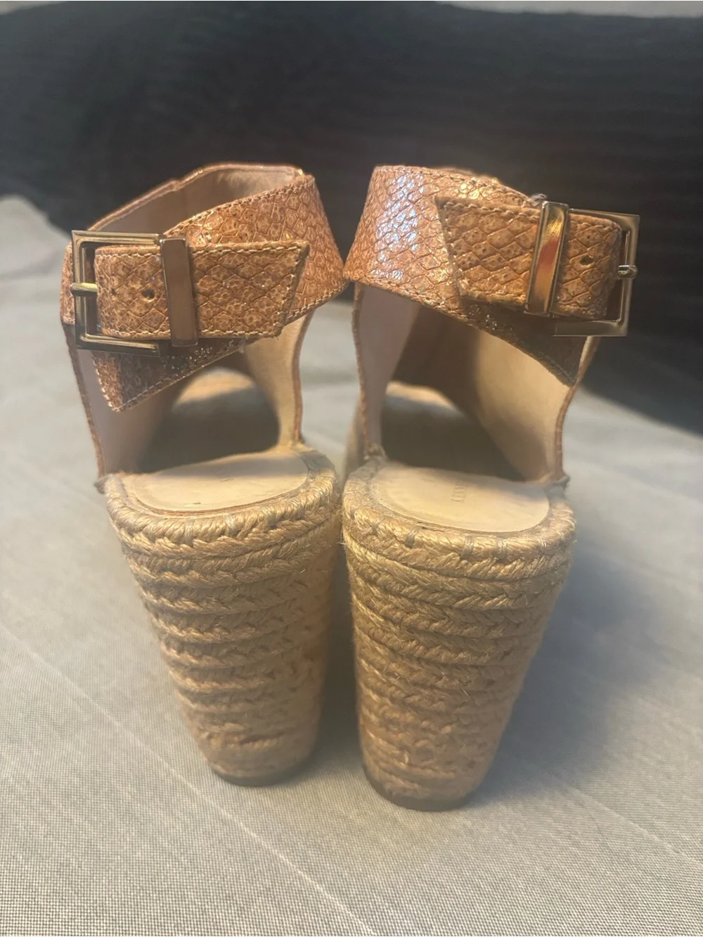 Kenneth Cole Textured Tan Espadrille Wedge Peep-Toe Sandal